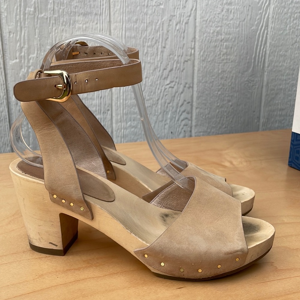 JOIE Beige Peep Toe Wooden Clog Heels size 37.5